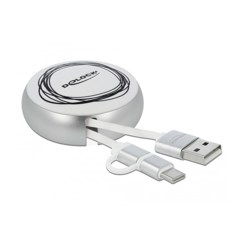 Delock USB 2 in 1 Aufrollkabel Typ-A zu Micro-B und USB-C™ weiß / silber