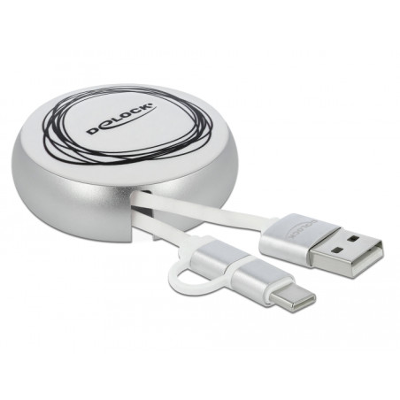 Delock USB 2 in 1 Aufrollkabel Typ-A zu Micro-B und USB-C™ weiß / silber