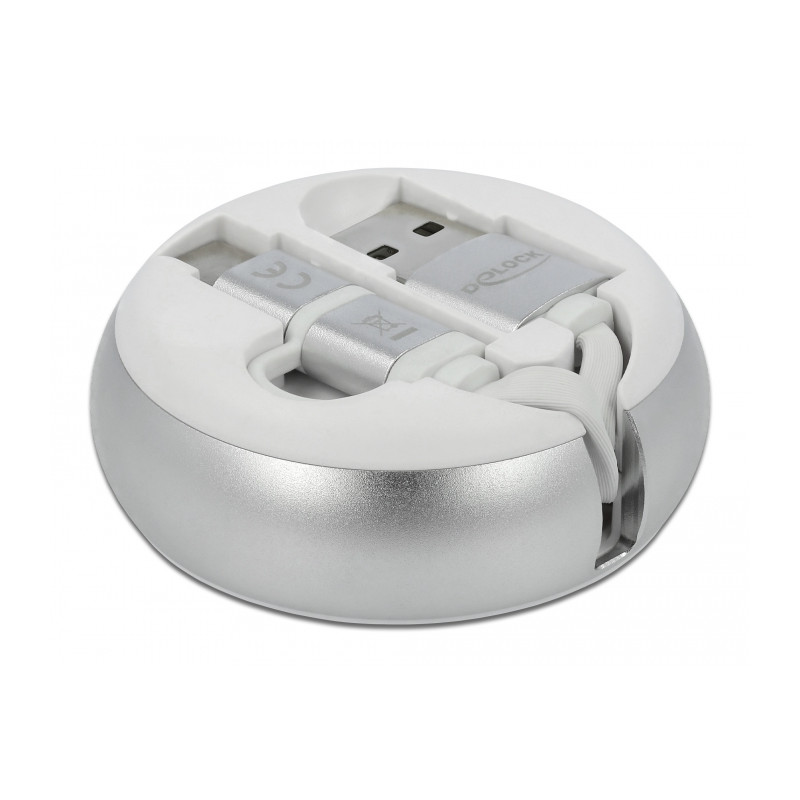 Delock USB 2 in 1 Aufrollkabel Typ-A zu Micro-B und USB-C™ weiß / silber