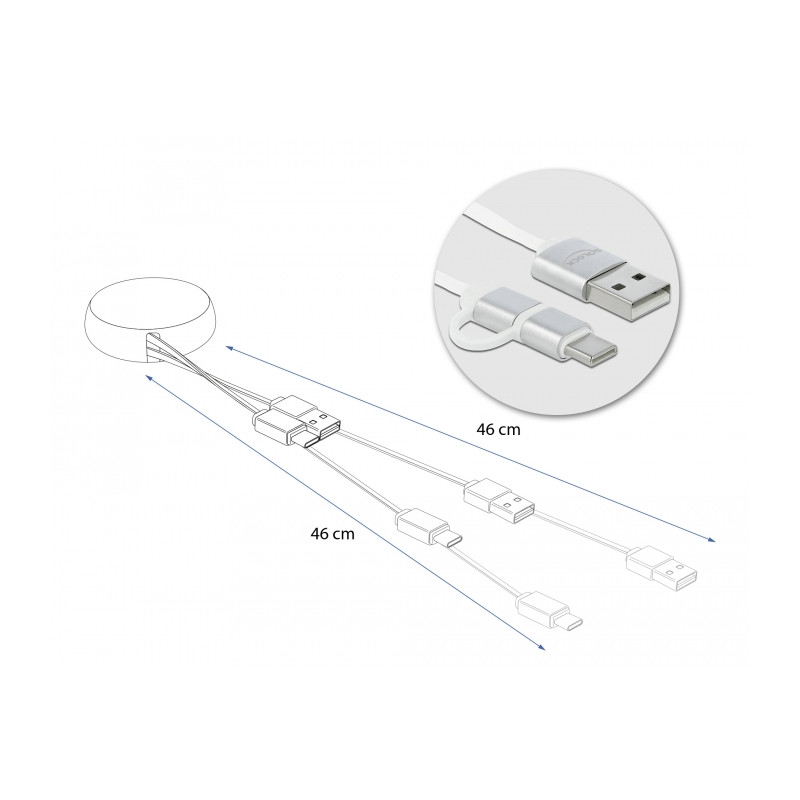 Delock USB 2 in 1 Aufrollkabel Typ-A zu Micro-B und USB-C™ weiß / silber
