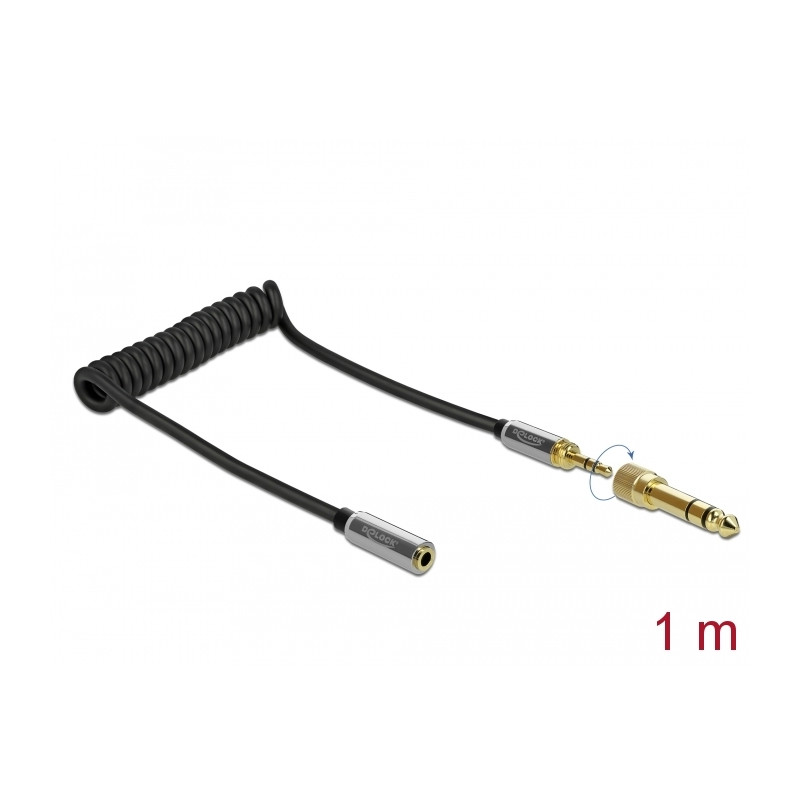 Delock Spiralkabel Verlängerung 3,5 mm 3 Pin Klinkenstecker zu Klinkenbuchse mit 6,35 mm Schraubadapter 1 m