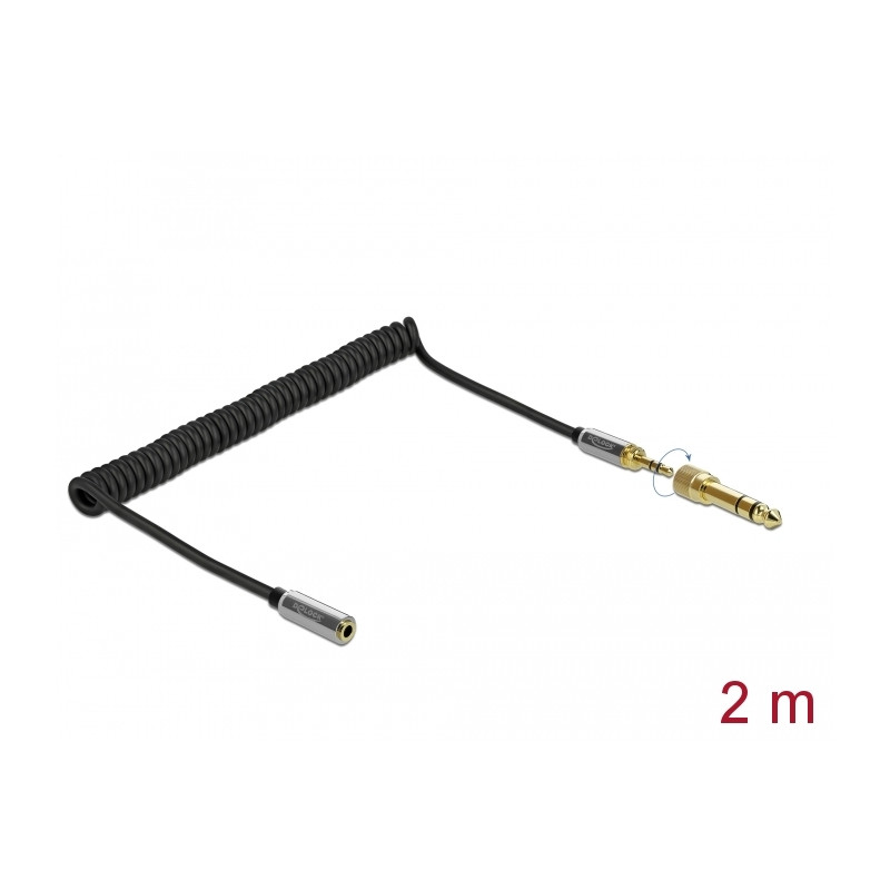 Delock Spiralkabel Verlängerung 3,5 mm 3 Pin Klinkenstecker zu Klinkenbuchse mit 6,35 mm Schraubadapter 2 m