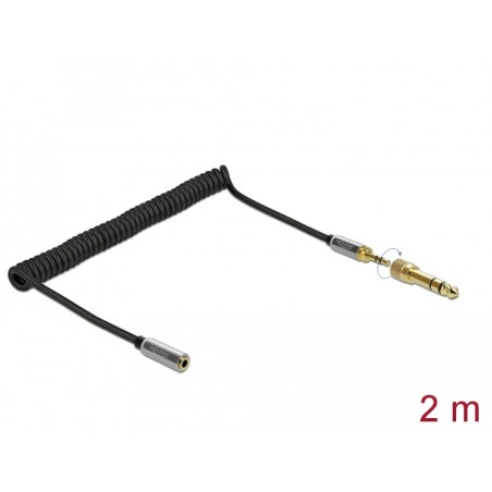 Delock Spiralkabel Verlängerung 3,5 mm 3 Pin Klinkenstecker zu Klinkenbuchse mit 6,35 mm Schraubadapter 2 m