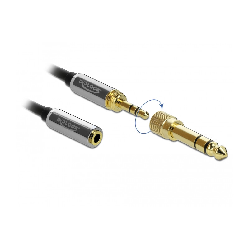 Delock Spiralkabel Verlängerung 3,5 mm 3 Pin Klinkenstecker zu Klinkenbuchse mit 6,35 mm Schraubadapter 2 m
