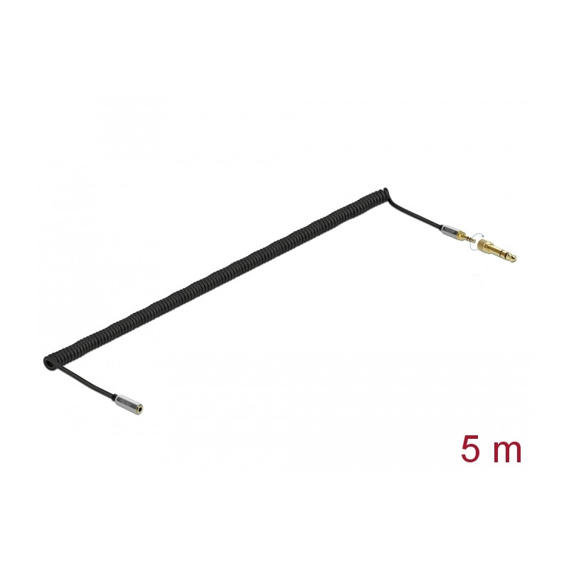 Delock Spiralkabel Verlängerung 3,5 mm 3 Pin Klinkenstecker zu Klinkenbuchse mit 6,35 mm Schraubadapter 5 m