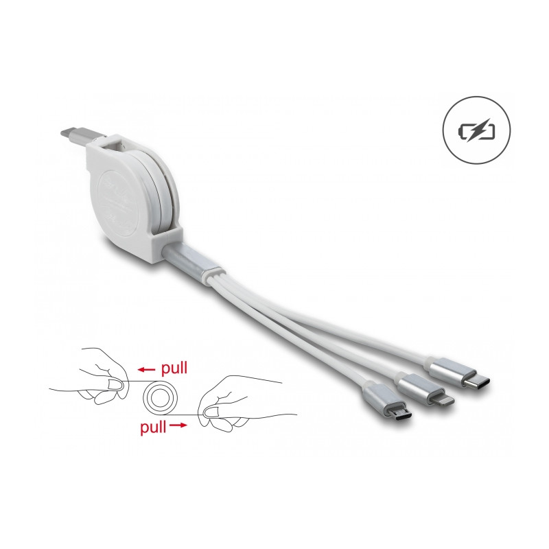 Delock USB Type-C™ 3 in 1 Aufrollladekabel für Lightning™ / Micro USB / USB Type-C™ weiß