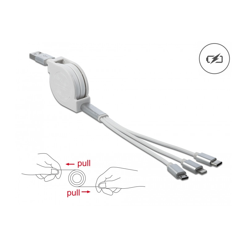 Delock USB Typ-A 3 in 1 Aufrollladekabel für Lightning™ / Micro USB / USB Type-C™ weiß