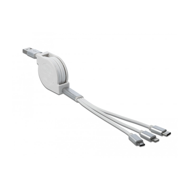 Delock USB Typ-A 3 in 1 Aufrollladekabel für Lightning™ / Micro USB / USB Type-C™ weiß