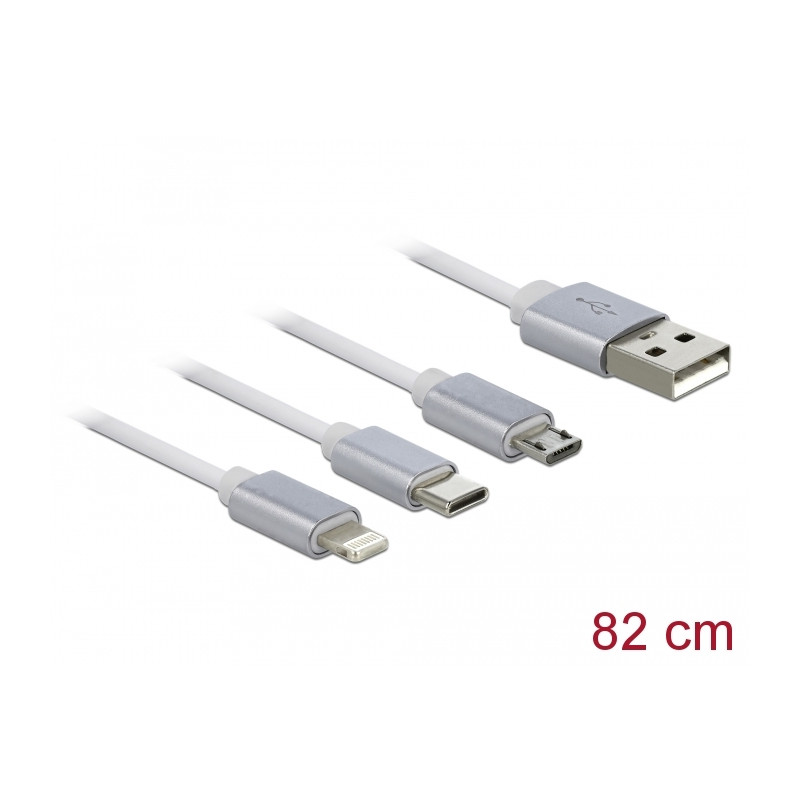 Delock USB Typ-A 3 in 1 Aufrollladekabel für Lightning™ / Micro USB / USB Type-C™ weiß