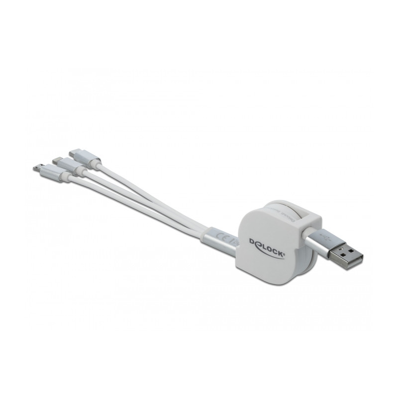 Delock USB Typ-A 3 in 1 Aufrollladekabel für Lightning™ / Micro USB / USB Type-C™ weiß