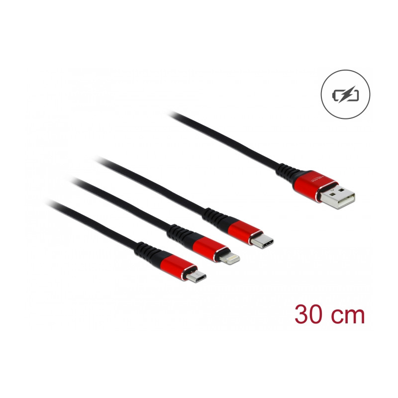 Delock USB Ladekabel 3 in 1 Typ-A zu Lightning™ / Micro USB / USB Type-C™ 30 cm schwarz / rot