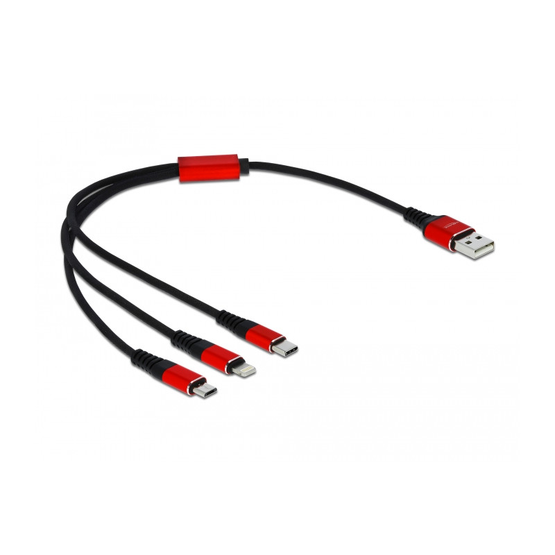 Delock USB Ladekabel 3 in 1 Typ-A zu Lightning™ / Micro USB / USB Type-C™ 30 cm schwarz / rot