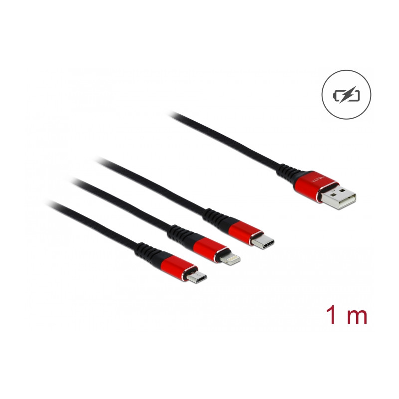 Delock USB Ladekabel 3 in 1 Typ-A zu Lightning™ / Micro USB / USB Type-C™ 1 m schwarz / rot