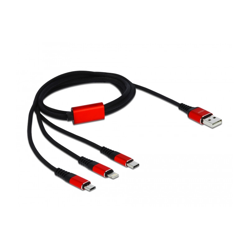 Delock USB Ladekabel 3 in 1 Typ-A zu Lightning™ / Micro USB / USB Type-C™ 1 m schwarz / rot