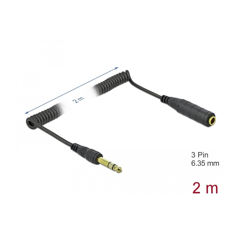 Delock Spiralkabel Verlängerung 6,35 mm 3 Pin Klinkenstecker zu Klinkenbuchse 2 m schwarz