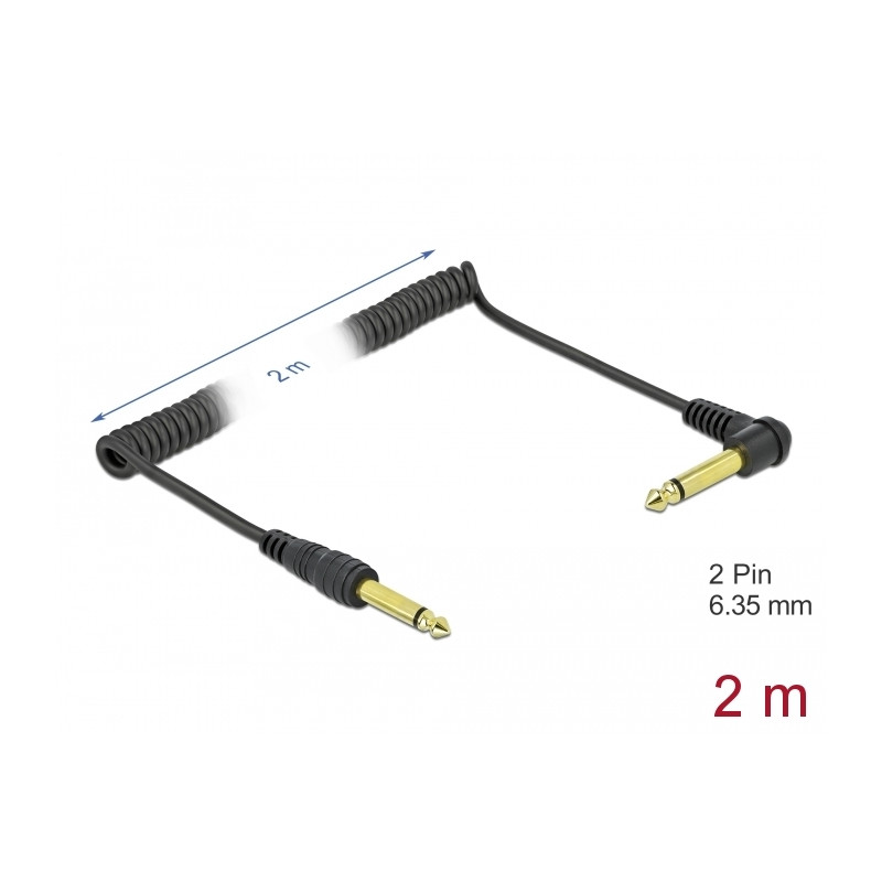 Delock Spiralkabel 6,35 mm 2 Pin Klinkenstecker zu Klinkenstecker Mono gewinkelt 2 m schwarz