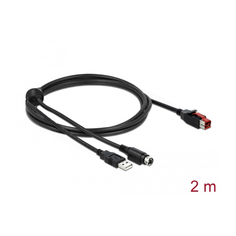 Delock PoweredUSB Kabel Stecker 24 V zu USB Typ-A Stecker + Mini-DIN 3 Pin Stecker 2 m für POS Drucker und Terminals