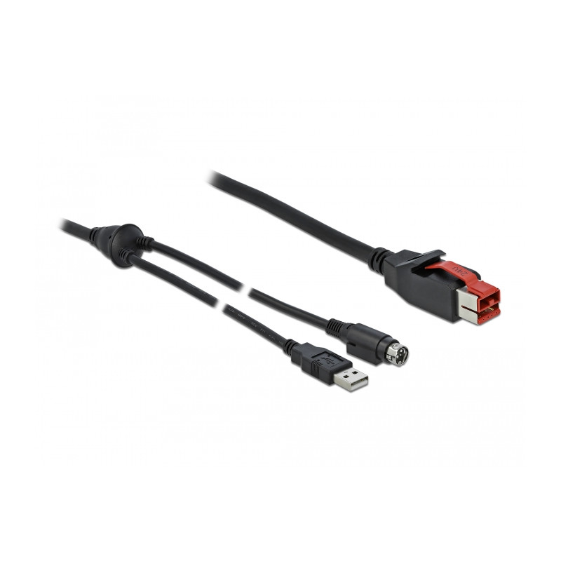 Delock PoweredUSB Kabel Stecker 24 V zu USB Typ-A Stecker + Mini-DIN 3 Pin Stecker 2 m für POS Drucker und Terminals
