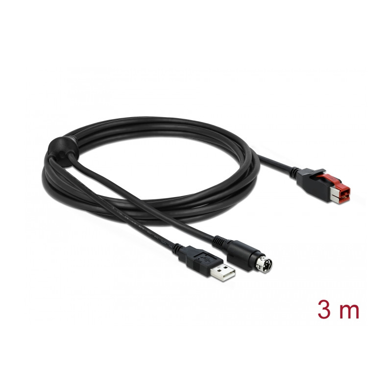 Delock PoweredUSB Kabel Stecker 24 V zu USB Typ-A Stecker + Mini-DIN 3 Pin Stecker 3 m für POS Drucker und Terminals