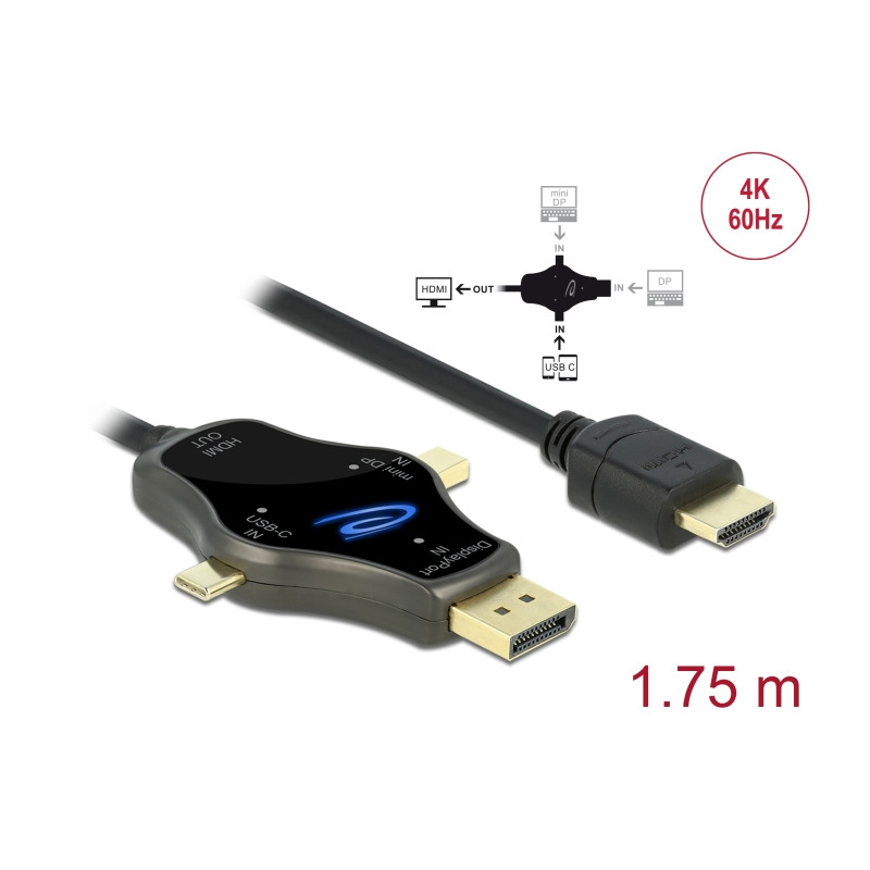 Delock 3 in 1 Monitorkabel mit USB-C™ / DisplayPort / mini DisplayPort Eingang auf HDMI Ausgang mit 4K 60 Hz
