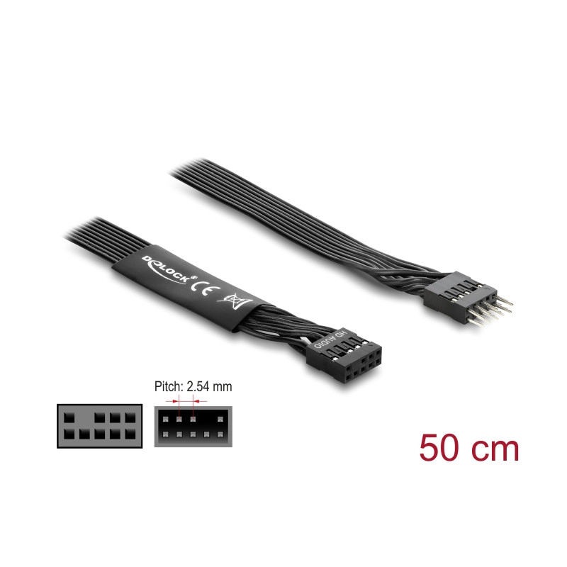 Delock HD Audio Flachbandkabel Mainboard Verlängerungskabel 9 Pin Pfostenstecker zu Pfostenbuchse 50 cm schwarz