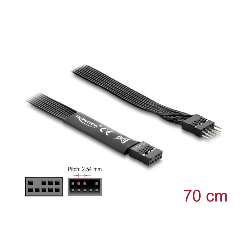 Delock HD Audio Flachbandkabel Mainboard Verlängerungskabel 9 Pin Pfostenstecker zu Pfostenbuchse 70 cm schwarz