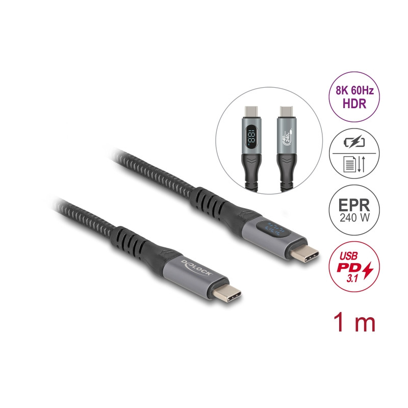 Delock USB 40 Gbps Daten- und Schnellladekabel koaxial 1 m 8K 60 Hz USB PD 3.1 Extended Power Range 240 W