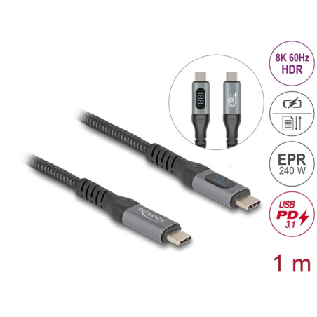Delock USB 40 Gbps Daten- und Schnellladekabel koaxial 1 m 8K 60 Hz USB PD 3.1 Extended Power Range 240 W