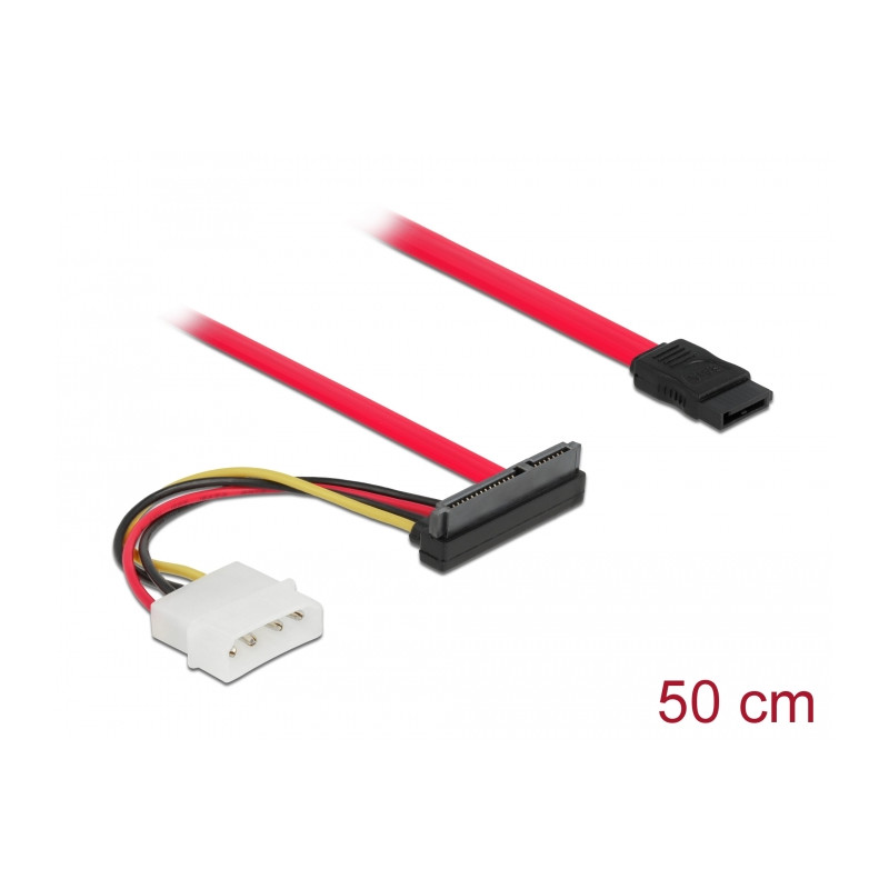 Delock Kabel SATA 6 Gb/s 7 Pin Buchse + Molex 4 Pin Strom Stecker - SATA 22 Pin Buchse oben gewinkelt 50 cm