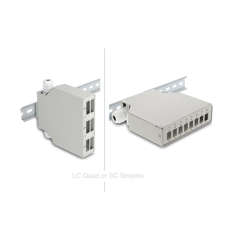 Delock LWL Patchfeld 6 Port für SC Duplex und LC Quad mit alternativem Panel für 8 x SC Simplex oder LC Duplex grau zur Hutschie