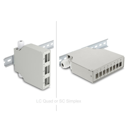 Delock LWL Patchfeld 6 Port für SC Duplex und LC Quad mit alternativem Panel für 8 x SC Simplex oder LC Duplex grau zur Hutschie