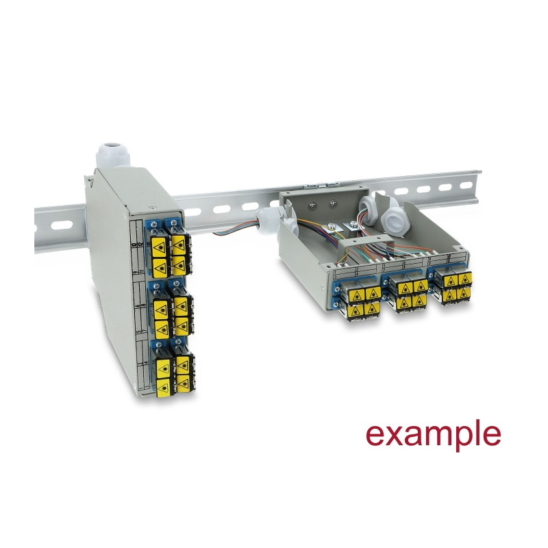 Delock LWL Patchfeld 6 Port für SC Duplex und LC Quad mit alternativem Panel für 8 x SC Simplex oder LC Duplex grau zur Hutschie