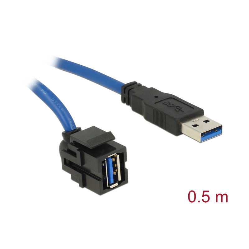 Delock Keystone Modul USB 5 Gbps Typ-A Buchse 250° zu Typ-A Stecker mit 0,5 m Kabel schwarz