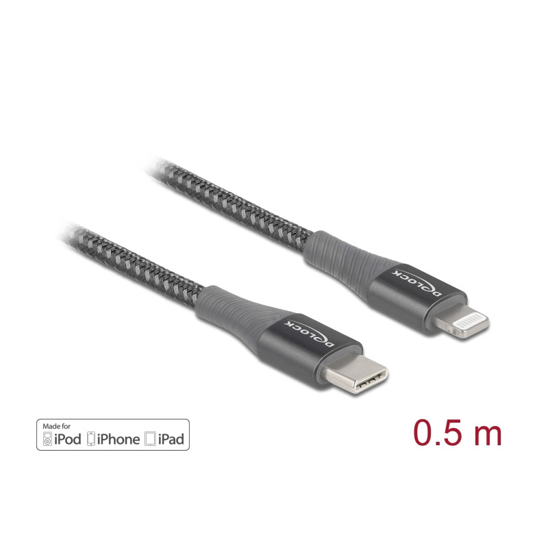 Delock Daten- und Ladekabel USB Type-C™ zu Lightning™ für iPhone™, iPad™ und iPod™ grau 0,5 m MFi