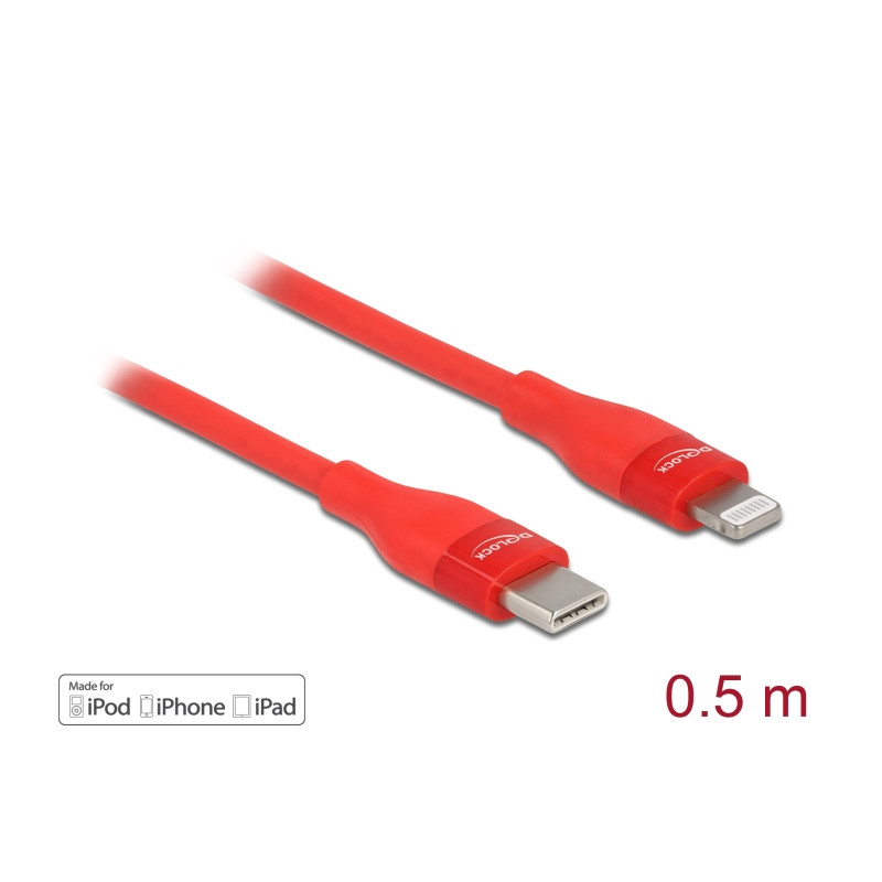 Delock Daten- und Ladekabel USB Type-C™ zu Lightning™ für iPhone™, iPad™ und iPod™ rot 0,5 m MFi