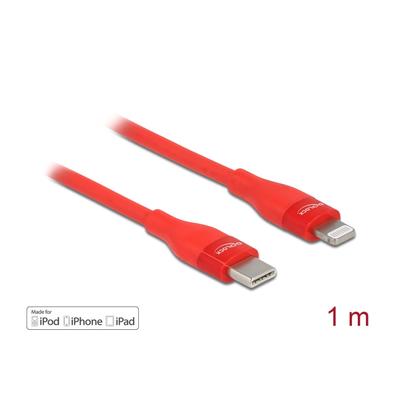 Delock Daten- und Ladekabel USB Type-C™ zu Lightning™ für iPhone™, iPad™ und iPod™ rot 1 m MFi