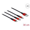 Delock USB Ladekabel 3 in 1 Typ-A zu Lightning™ / 2 x USB Type-C™ 30 cm schwarz / rot