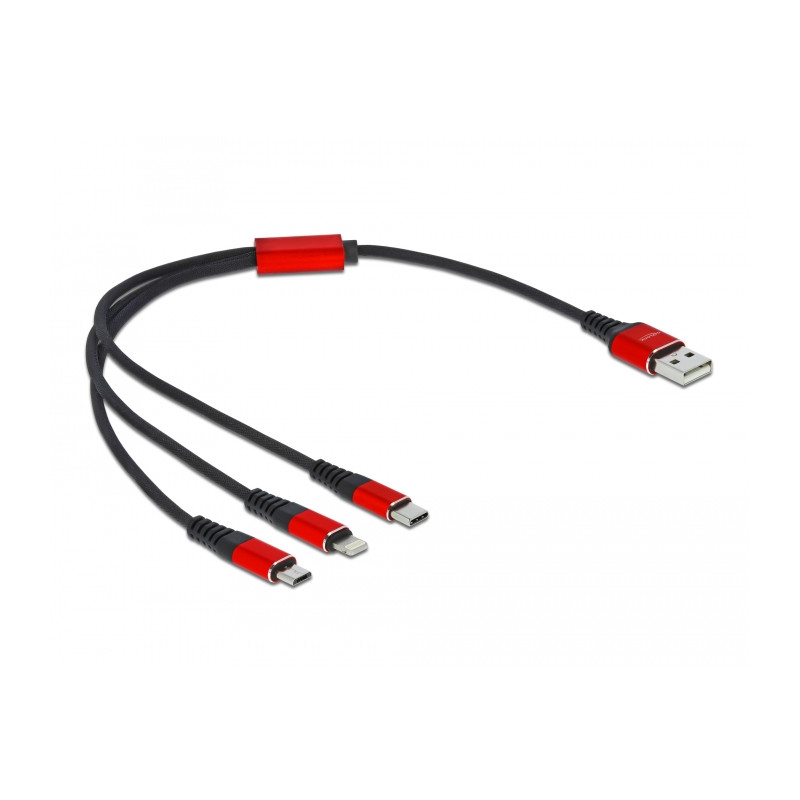 Delock USB Ladekabel 3 in 1 Typ-A zu Lightning™ / 2 x USB Type-C™ 30 cm schwarz / rot