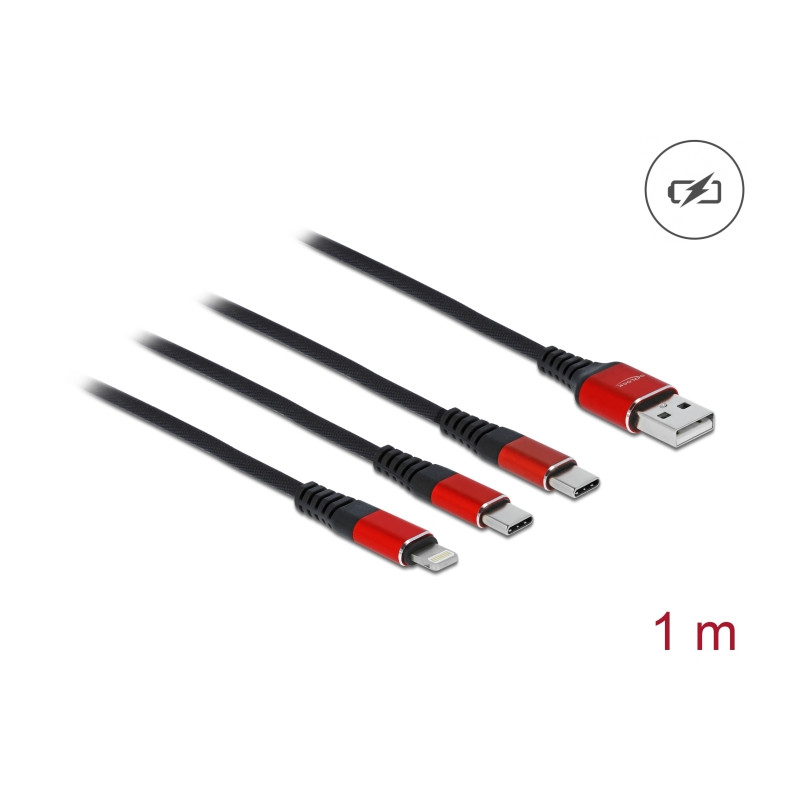 Delock USB Ladekabel 3 in 1 Typ-A zu Lightning™ / 2 x USB Type-C™ 1 m schwarz / rot
