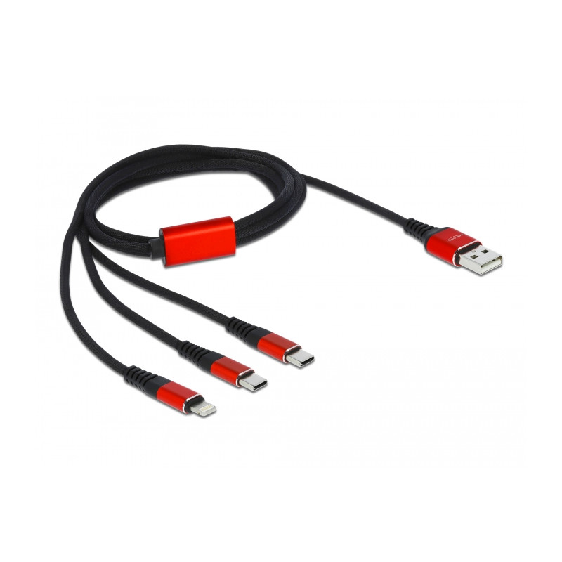 Delock USB Ladekabel 3 in 1 Typ-A zu Lightning™ / 2 x USB Type-C™ 1 m schwarz / rot