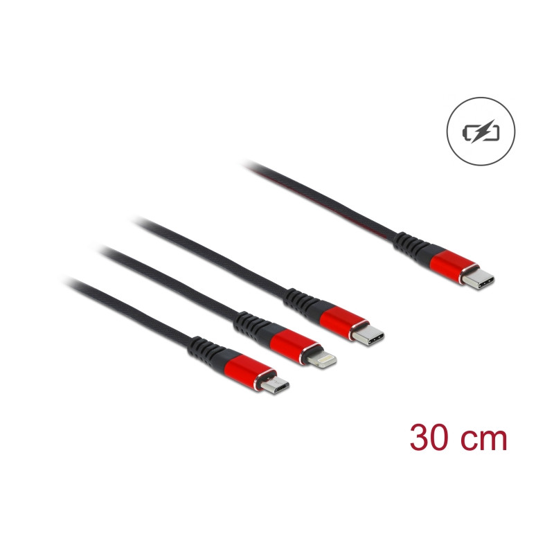 Delock USB Ladekabel 3 in 1 USB Type-C™ zu Lightning™ / Micro USB / USB Type-C™ 30 cm schwarz / rot