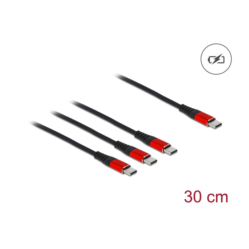 Delock USB Ladekabel 3 in 1 USB Type-C™ zu 3 x USB Type-C™ 30 cm schwarz / rot