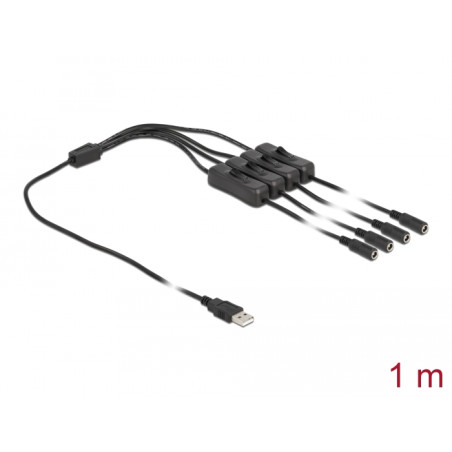 Delock Kabel USB Typ-A Stecker zu 4 x DC 5,5 x 2,1 mm Buchse mit Schalter 1 m