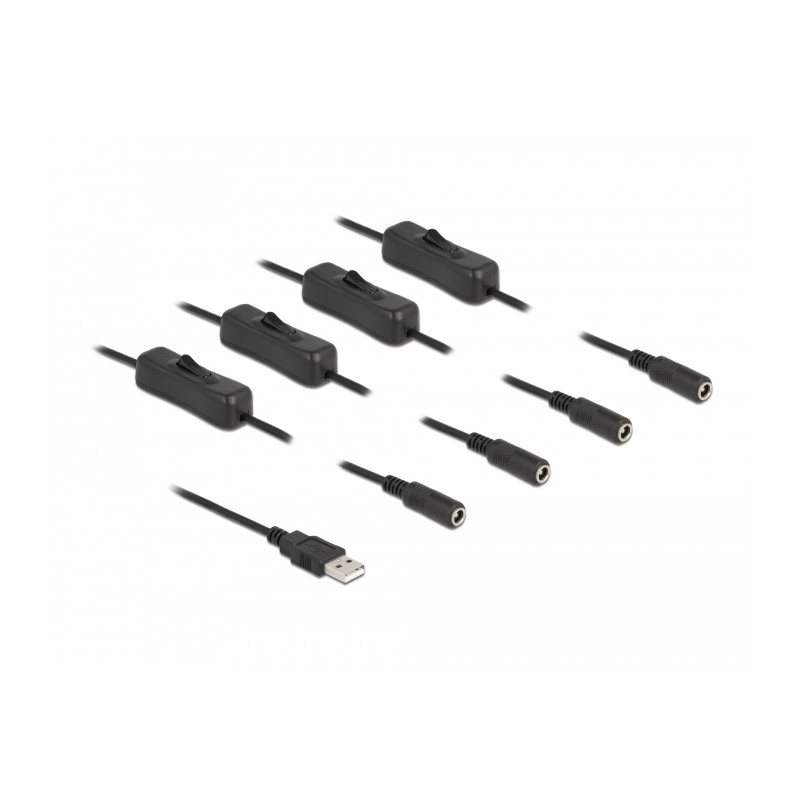 Delock Kabel USB Typ-A Stecker zu 4 x DC 5,5 x 2,1 mm Buchse mit Schalter 1 m