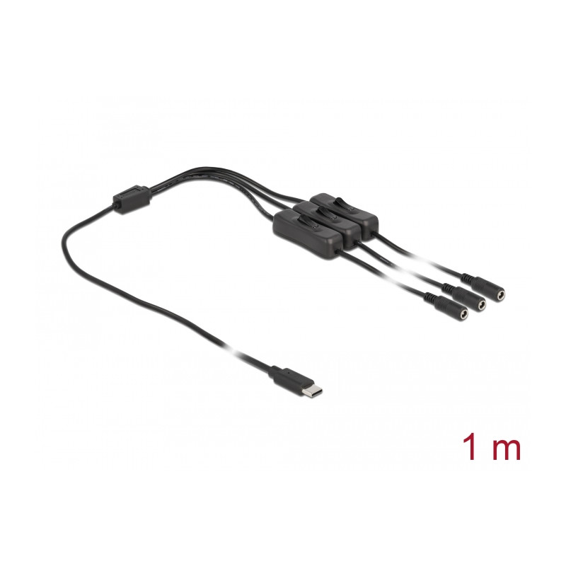 Delock Kabel USB Type-C™ Stecker zu 3 x DC 5,5 x 2,1 mm Buchse mit Schalter 1 m
