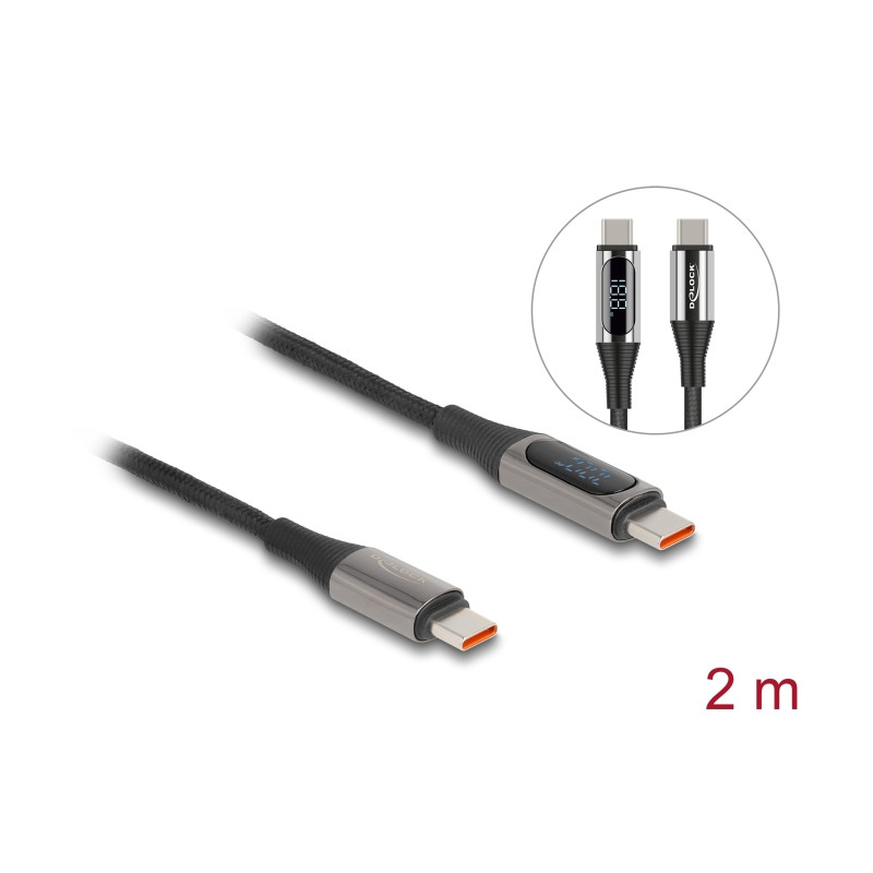 Delock USB 2.0 Daten- und Schnellladekabel USB Type-C™ Stecker zu Stecker PD 3.0 100 W mit Leistungsanzeige 2 m
