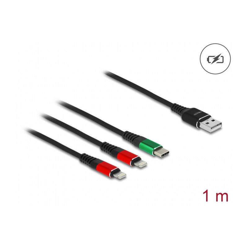 Delock USB Ladekabel 3 in 1 Typ-A zu 2 x Lightning™ / USB Type-C™ 1 m
