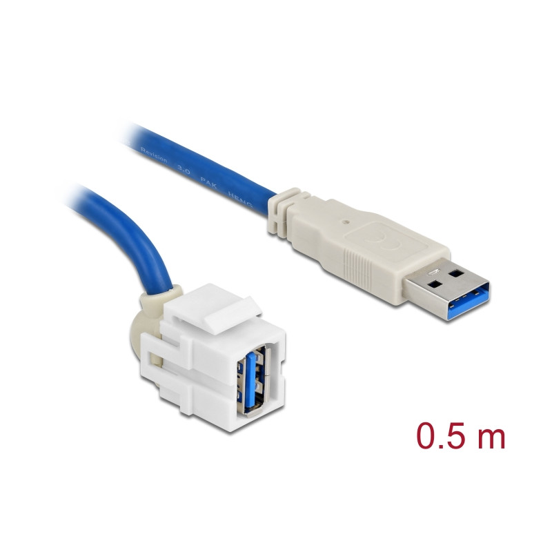 Delock Keystone Modul USB 5 Gbps Typ-A Buchse 250° zu Typ-A Stecker mit 0,5 m Kabel weiß