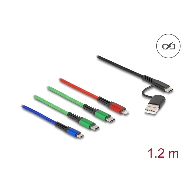 Delock USB Ladekabel 4 in 1 USB Typ-A + USB-C™ zu Lightning™ / Micro USB / 2 x USB Type-C™ 1,20 m