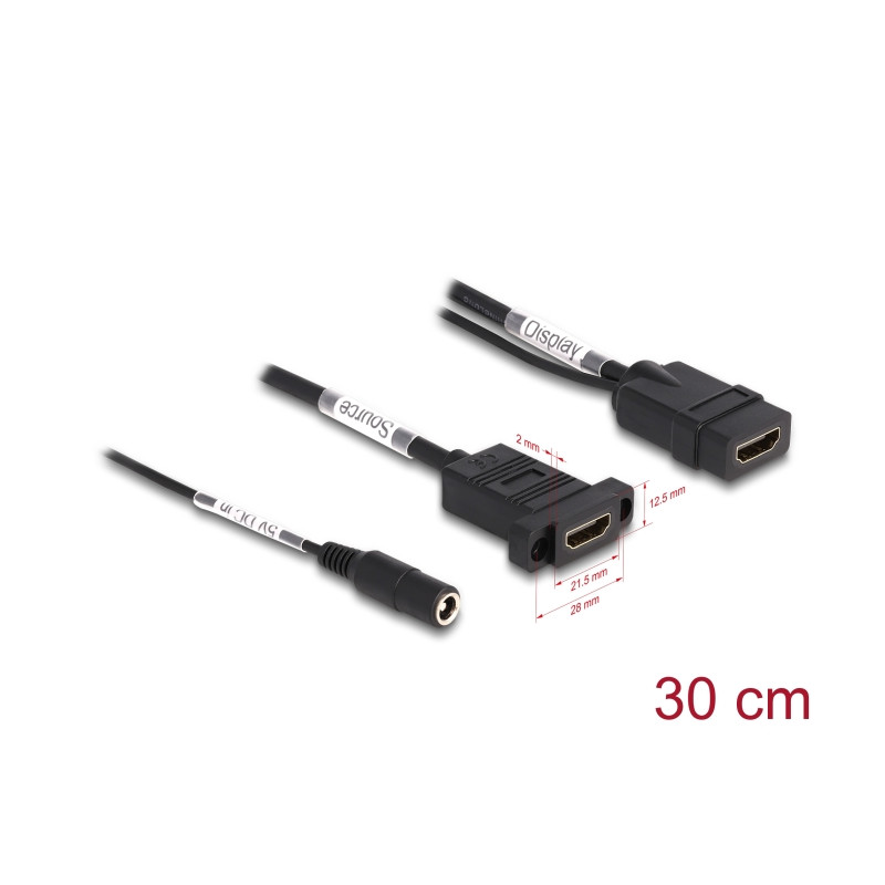Delock HDMI Kabel 4K 60 Hz mit DC Einspeisung 2,1 x 5,5 mm 0,30 m zum Einbau
